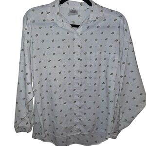 Vintage You Babes Womens Large White Paisley Button Down Shirt‎ Long Sleeve L
